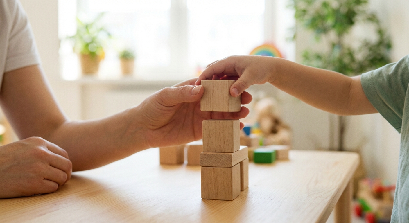 Collaborative therapy session with wooden blocks