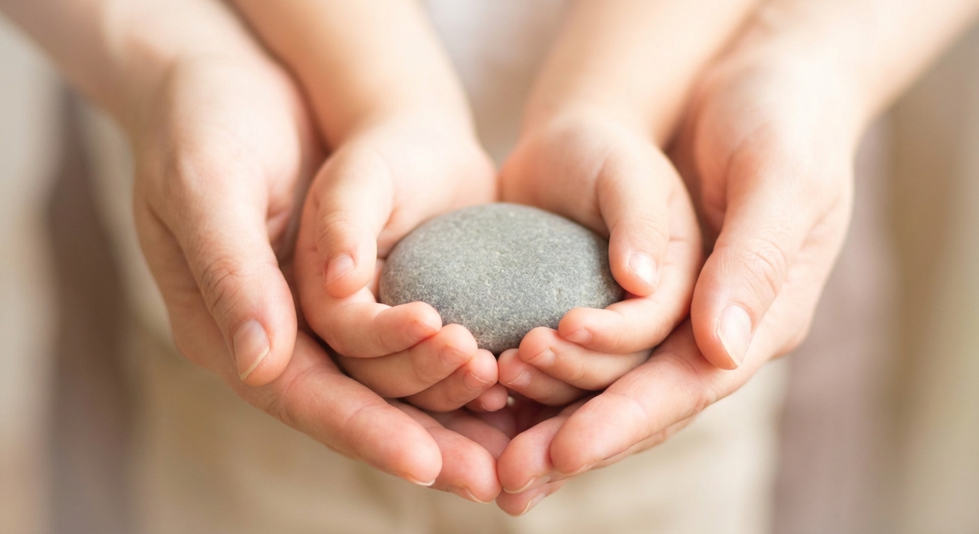 Supportive hands holding a stone, representing co-regulation and safety