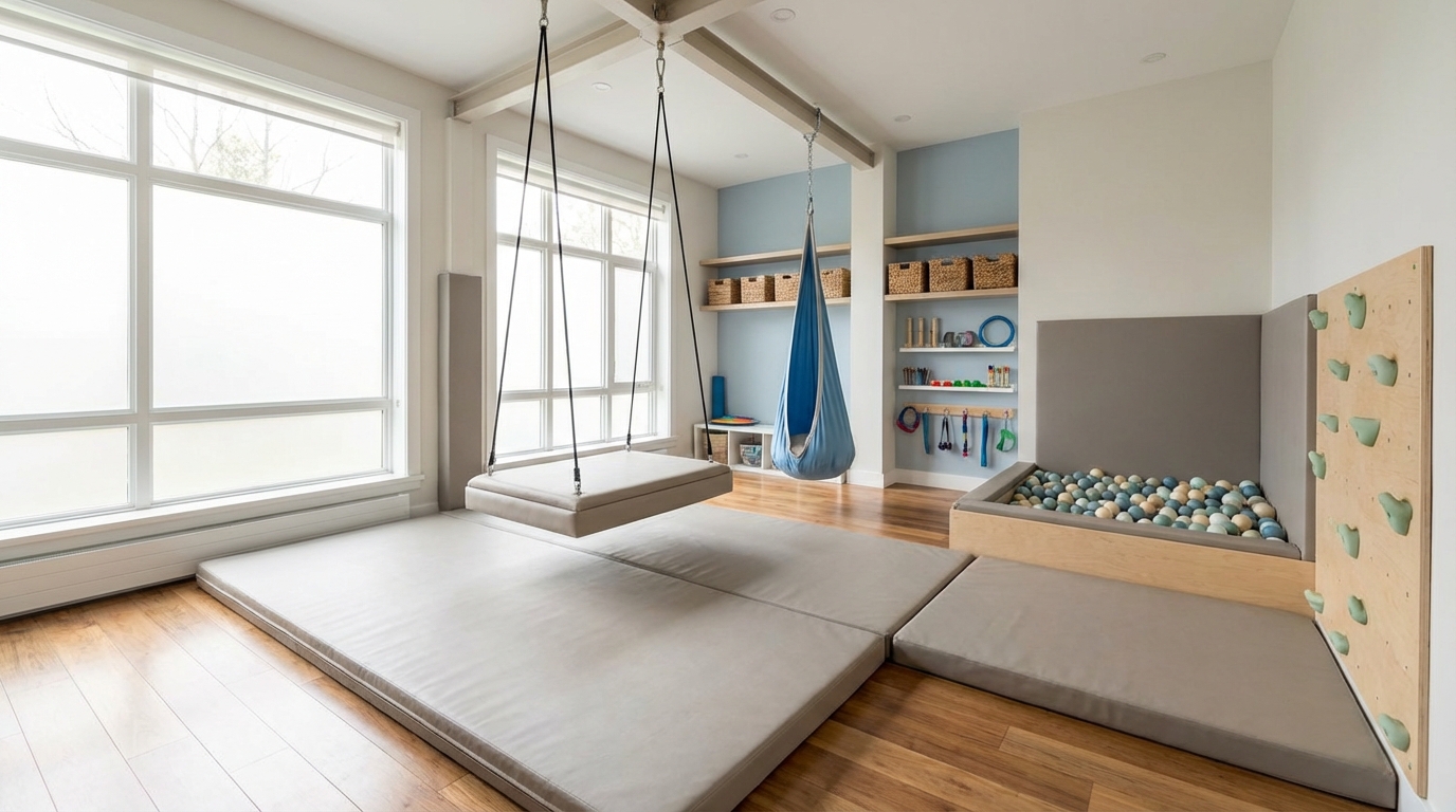 A sensory integration room with therapeutic equipment